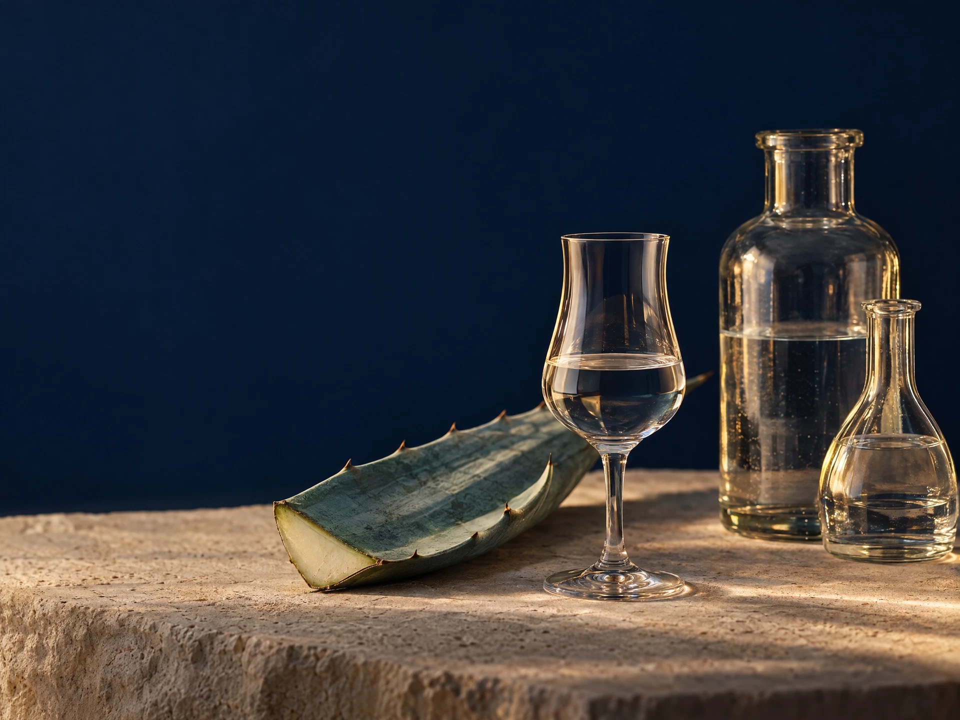 Illustrative editorial still life of a tequila tasting glass, unbranded bottles and agave
